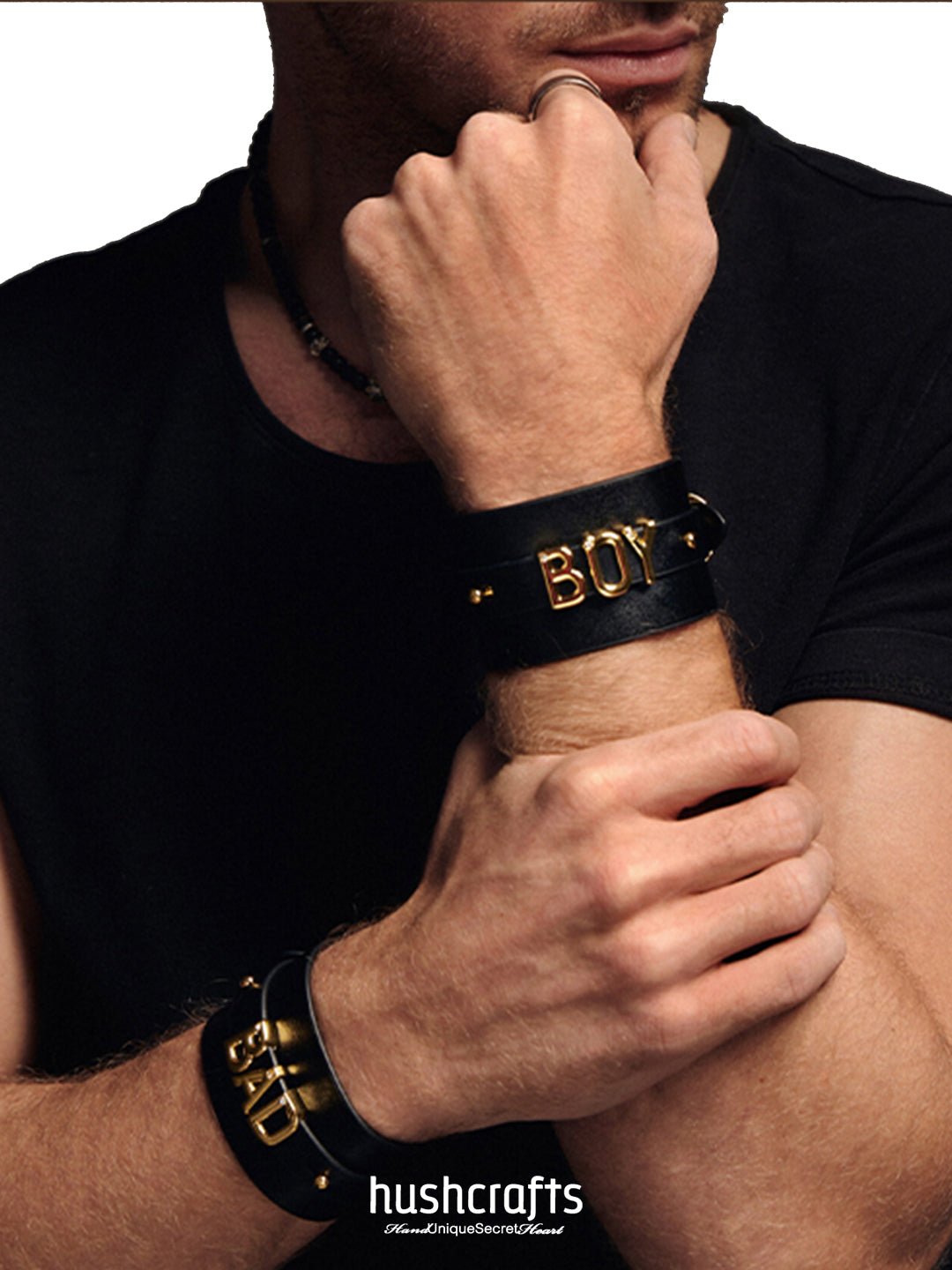 "Letter Luxe" Custom Black Leather Cuff - hushcrafts