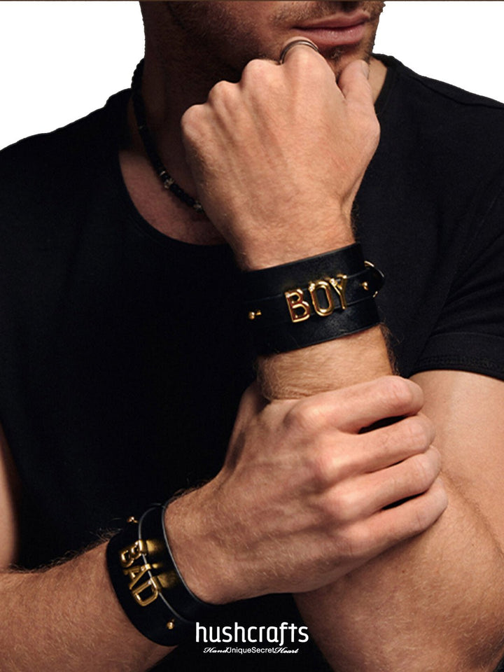 "Letter Luxe" Custom Black Leather Cuff - hushcrafts