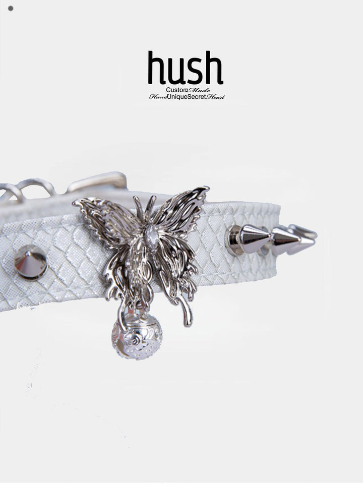 Punk choker collar for women with vegan leather and butterfly metal parts - Available with different types of charms and colors - Hush