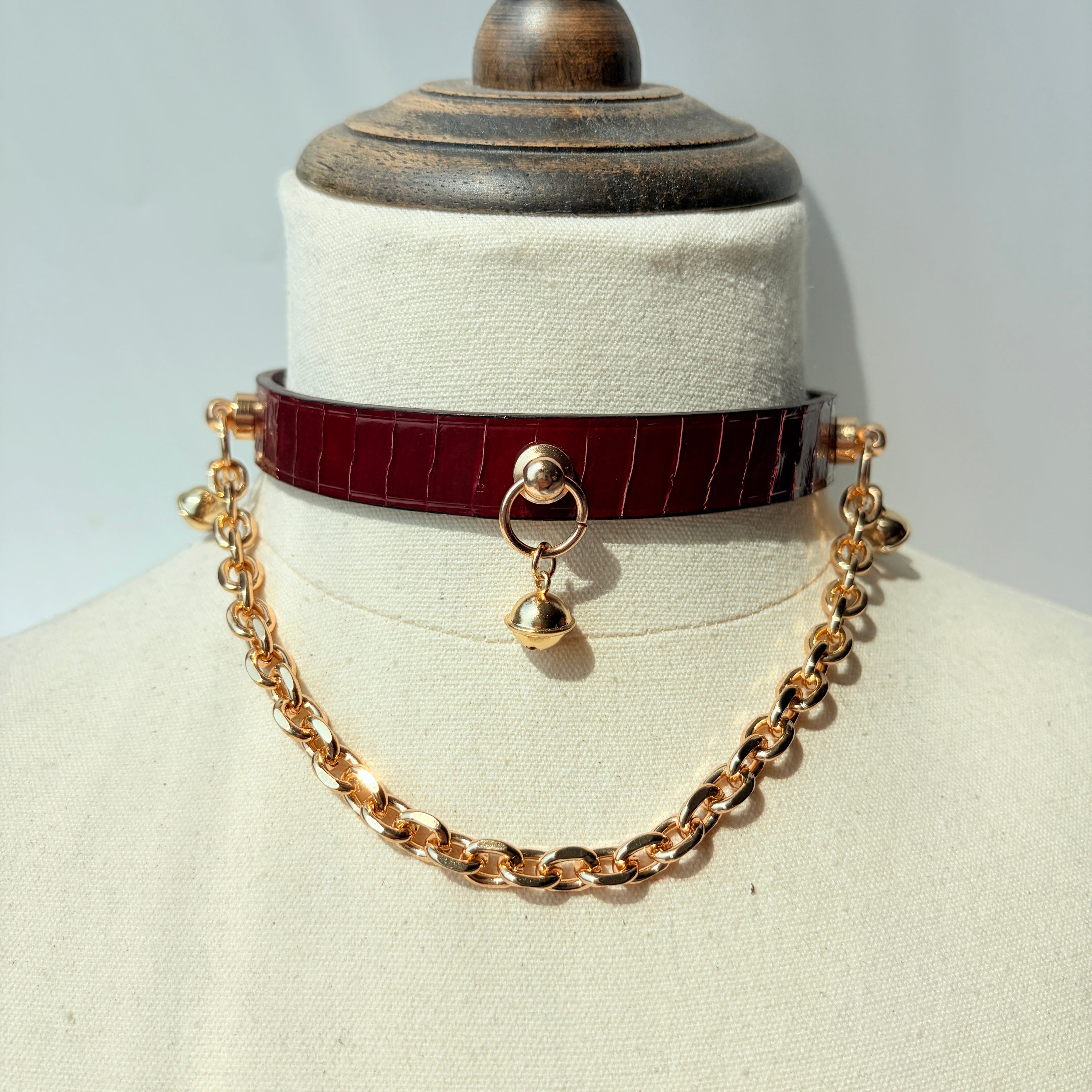 Gilded Surrender – Snakeskin Leather Choker with Chain & Bell | Hushcrafts®