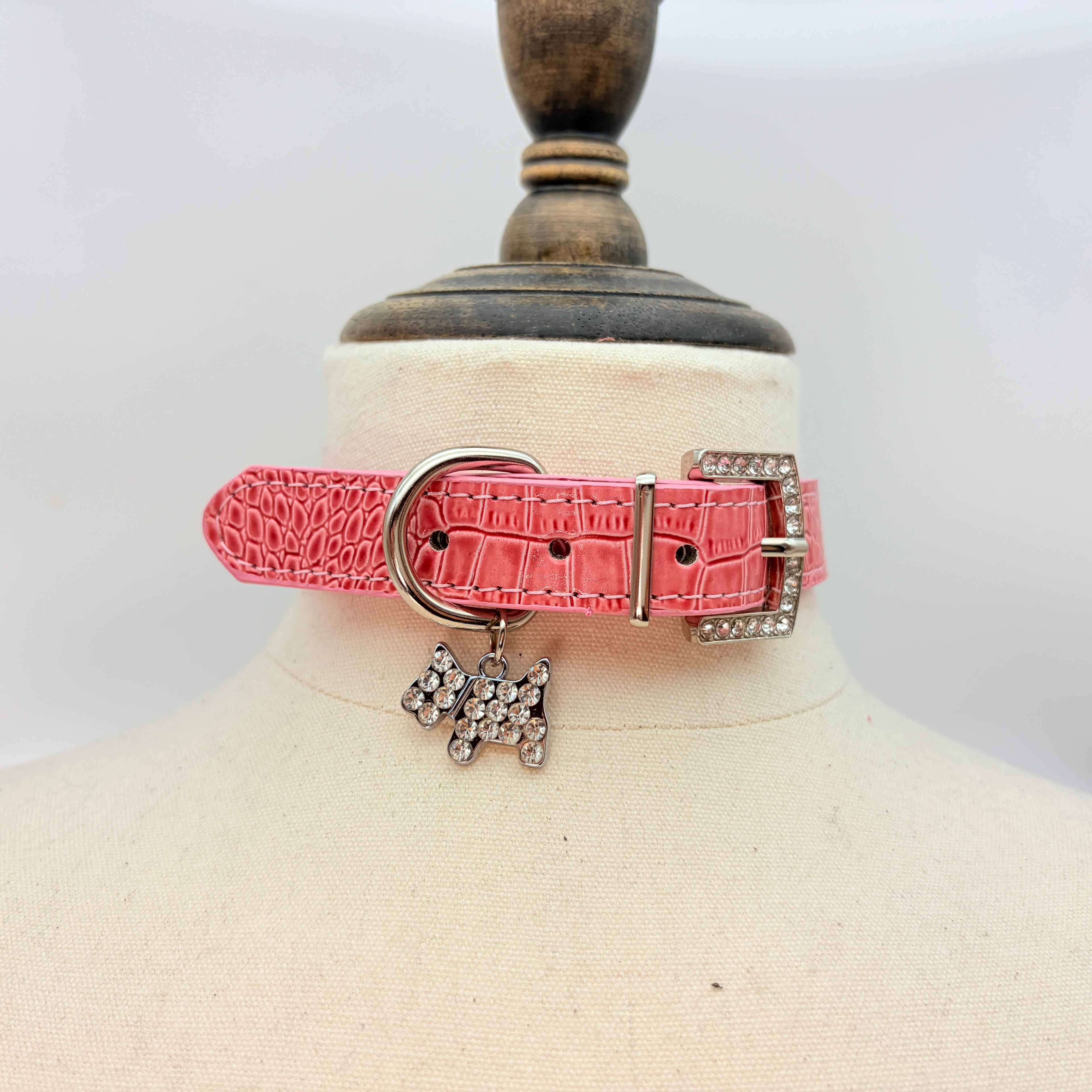 Pretty Savage – Pink Croc Leather Choker with Crystal Buckle & Puppy Charm | Hushcrafts®