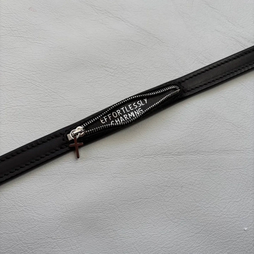 Open Secret – Hand-Stitched Leather Zipper Choker with Hidden Inscription | Hushcrafts®