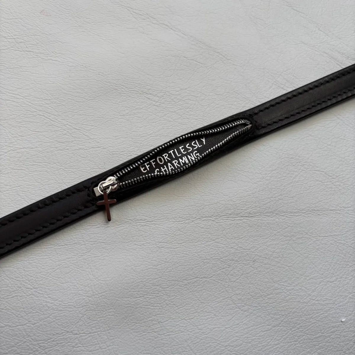 Open Secret – Hand-Stitched Leather Zipper Choker with Hidden Inscription | Hushcrafts®