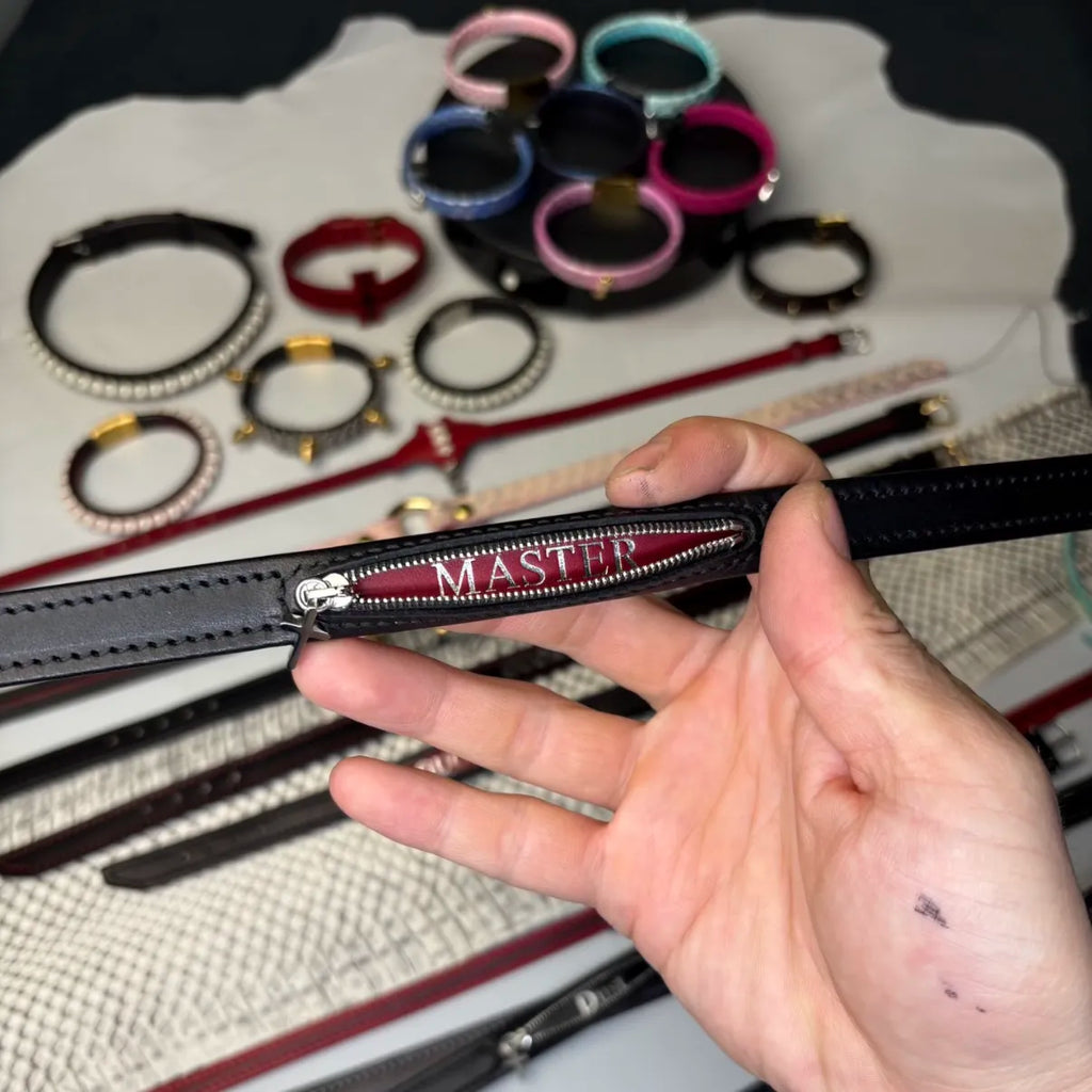 Open Secret – Hand-Stitched Leather Zipper Choker with Hidden Inscription | Hushcrafts®