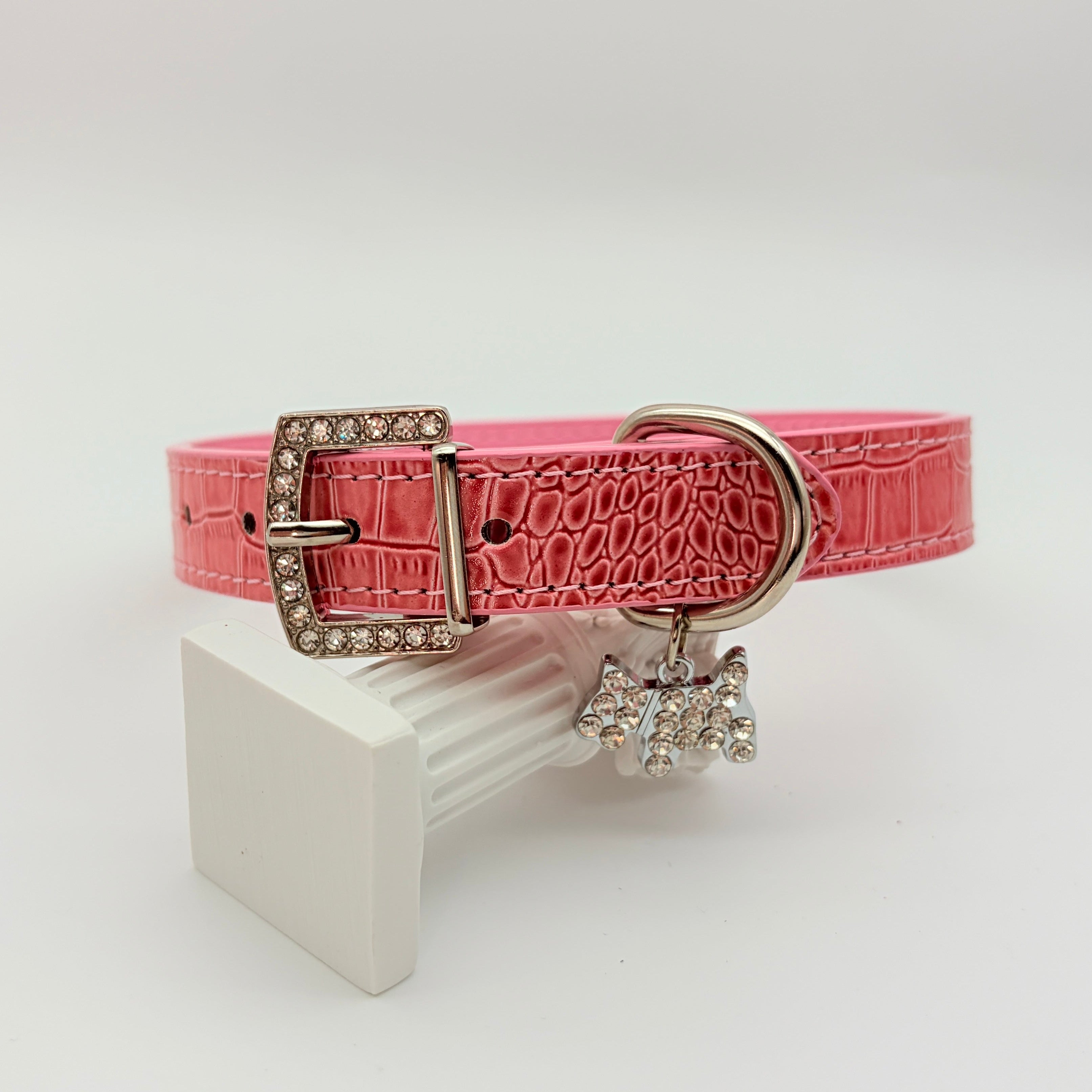 Pretty Savage – Pink Croc Leather Choker with Crystal Buckle & Puppy Charm | Hushcrafts®