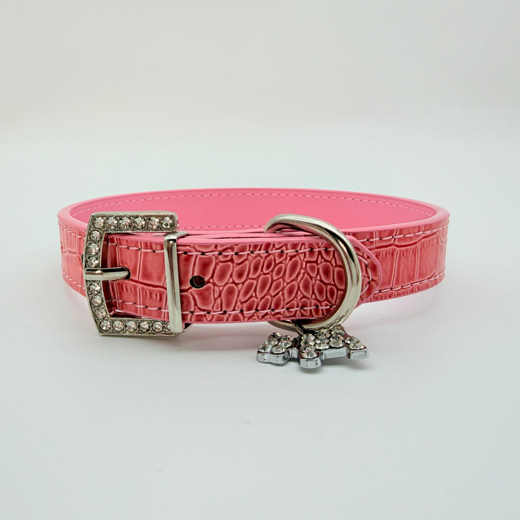 Pretty Savage – Pink Croc Leather Choker with Crystal Buckle & Puppy Charm | Hushcrafts®