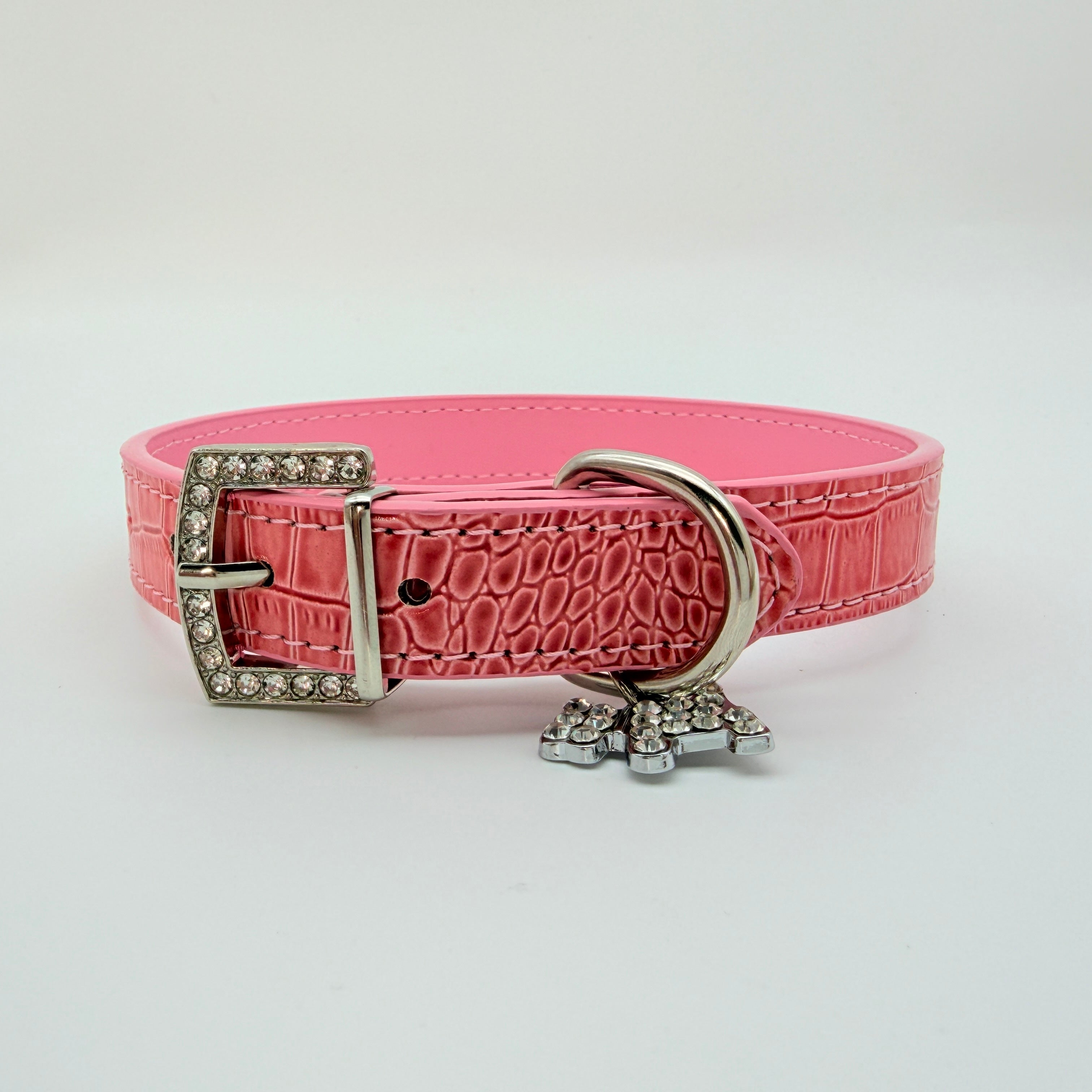 Pretty Savage – Pink Croc Leather Choker with Crystal Buckle & Puppy Charm | Hushcrafts®