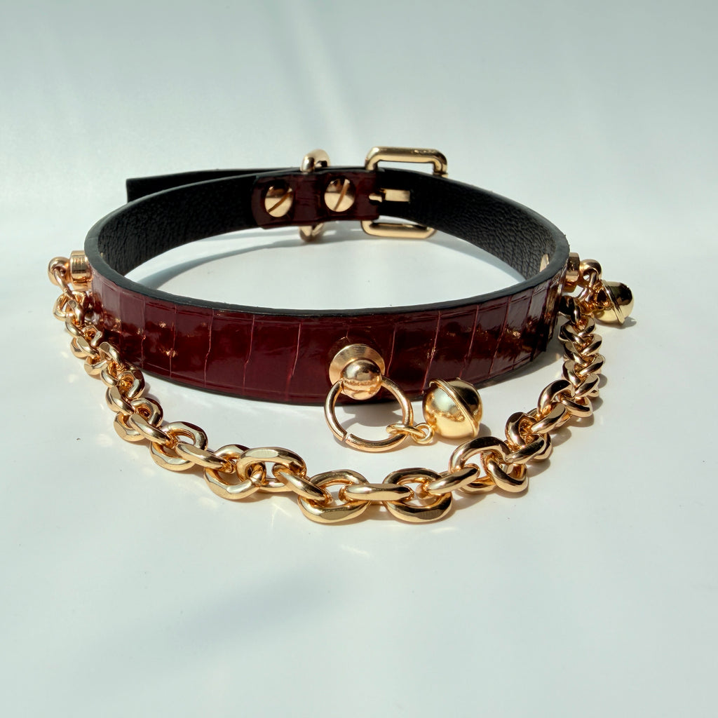 Gilded Surrender – Snakeskin Leather Choker with Chain & Bell | Hushcrafts®