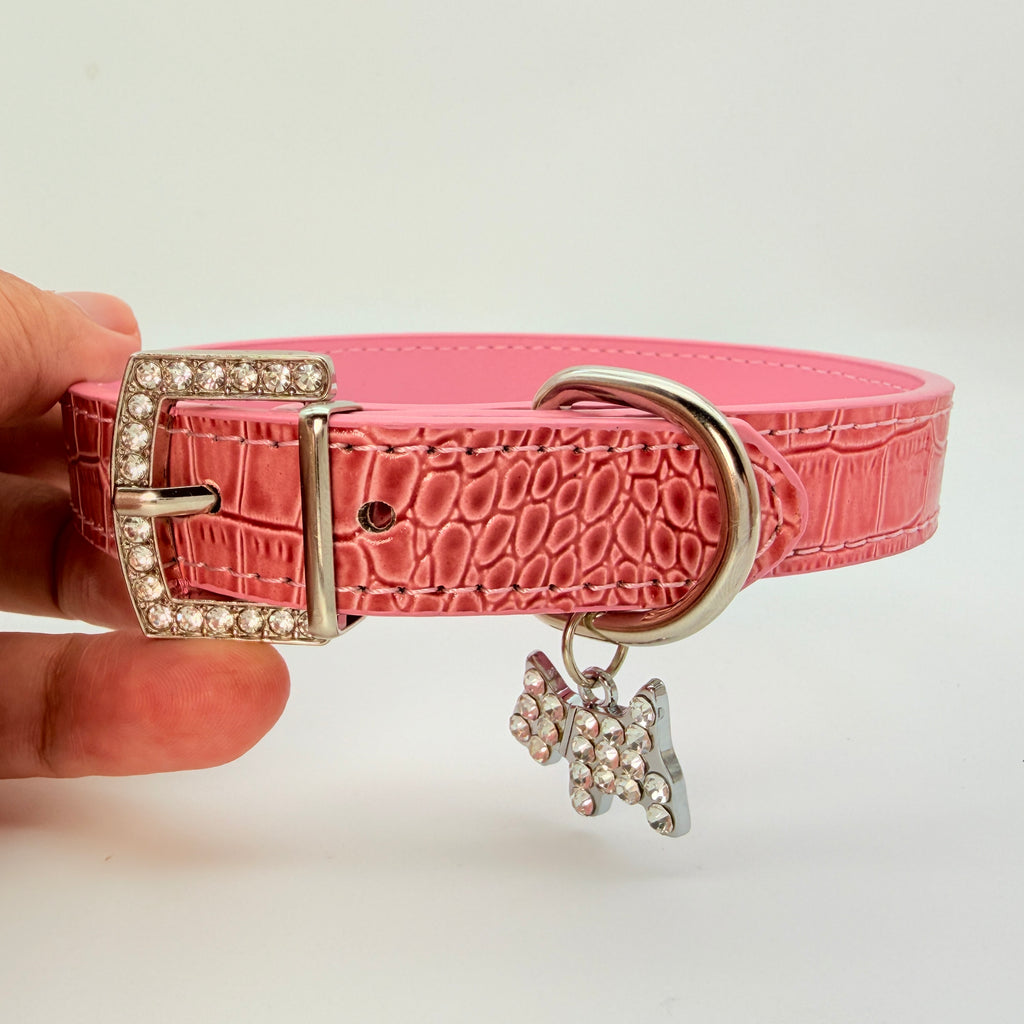 Pretty Savage – Pink Croc Leather Choker with Crystal Buckle & Puppy Charm | Hushcrafts®