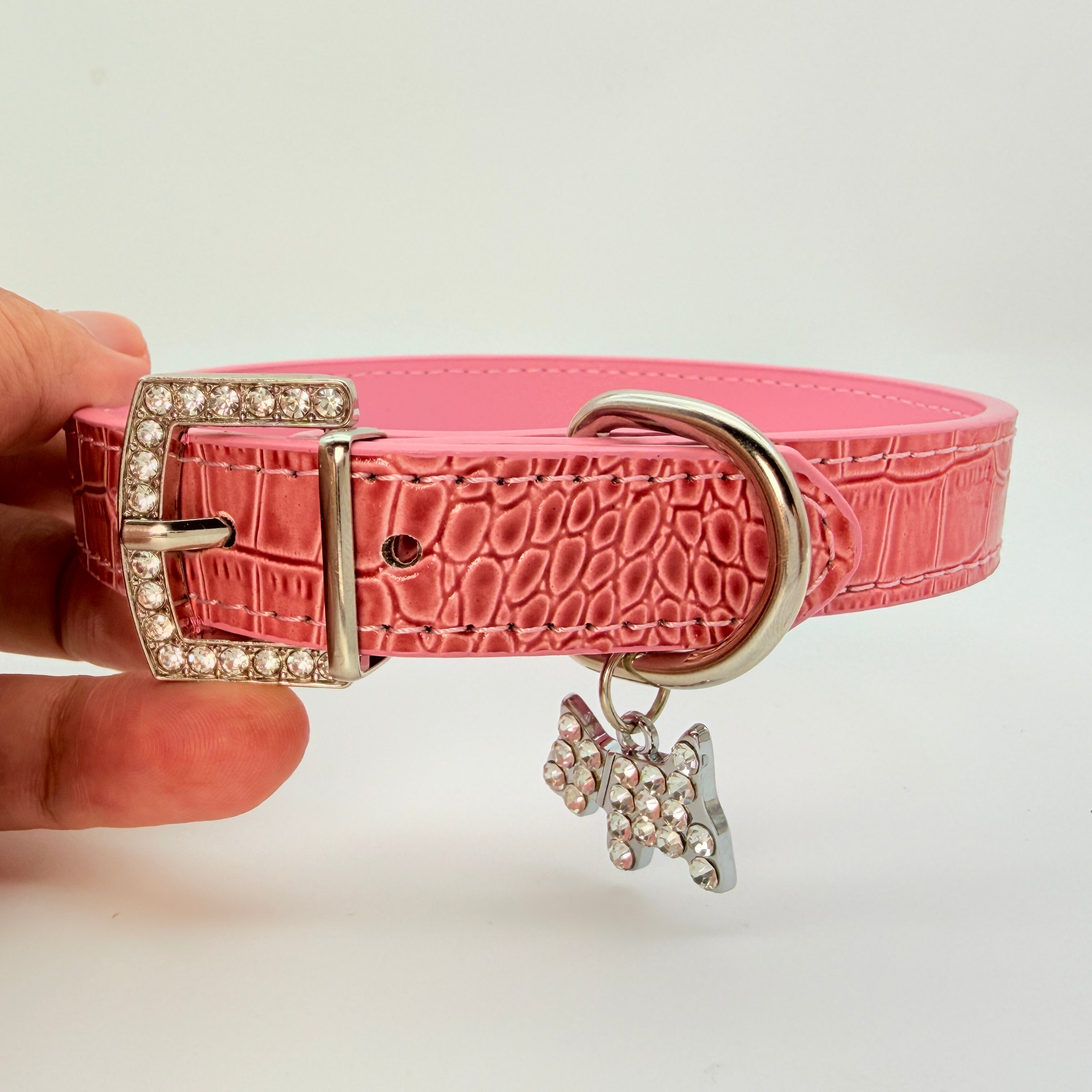 Pretty Savage – Pink Croc Leather Choker with Crystal Buckle & Puppy Charm | Hushcrafts®