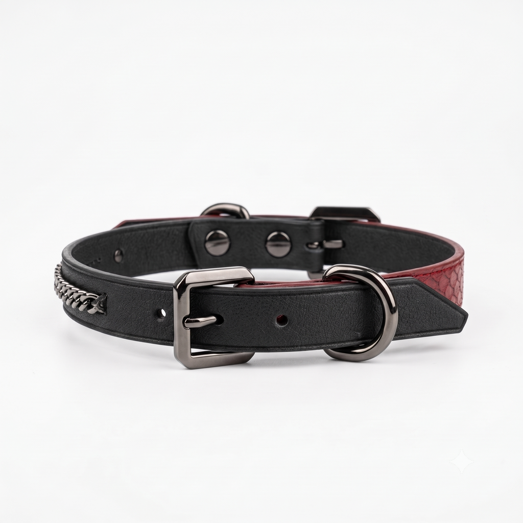 Collar assembled – black cowhide front view with chain accent