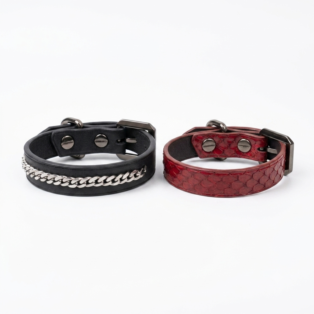Cuff Set separated – black chain cuff and red python cuff, top-down