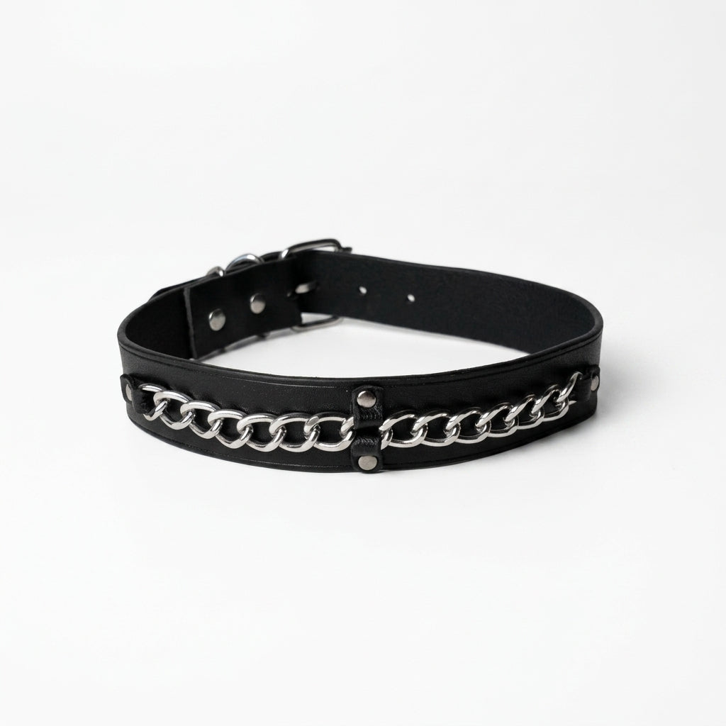 Chainline – Wide Leather Choker with Embedded Silver Chain | Hushcrafts®