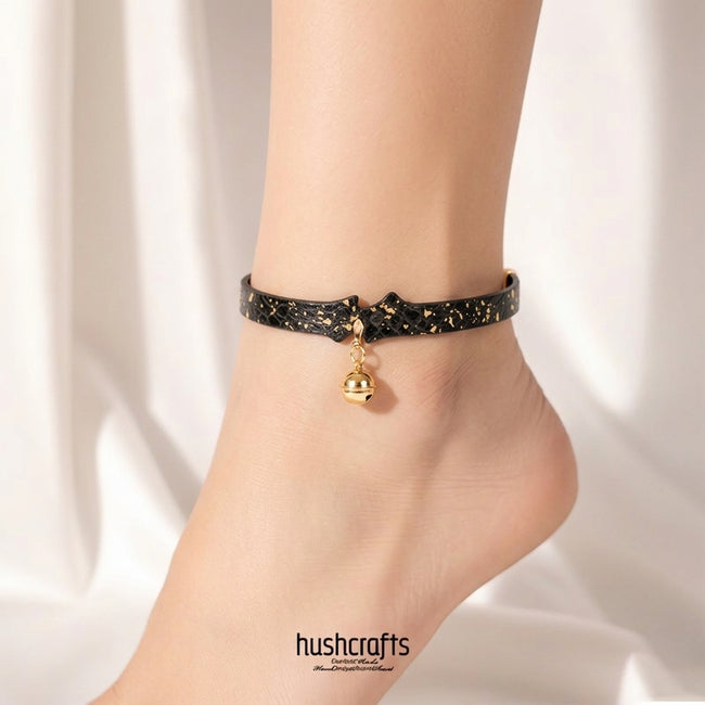 Gilded Whisper – Gold-Fleck Snakeskin Leather Anklet with Bell | Hushcrafts® Main Image