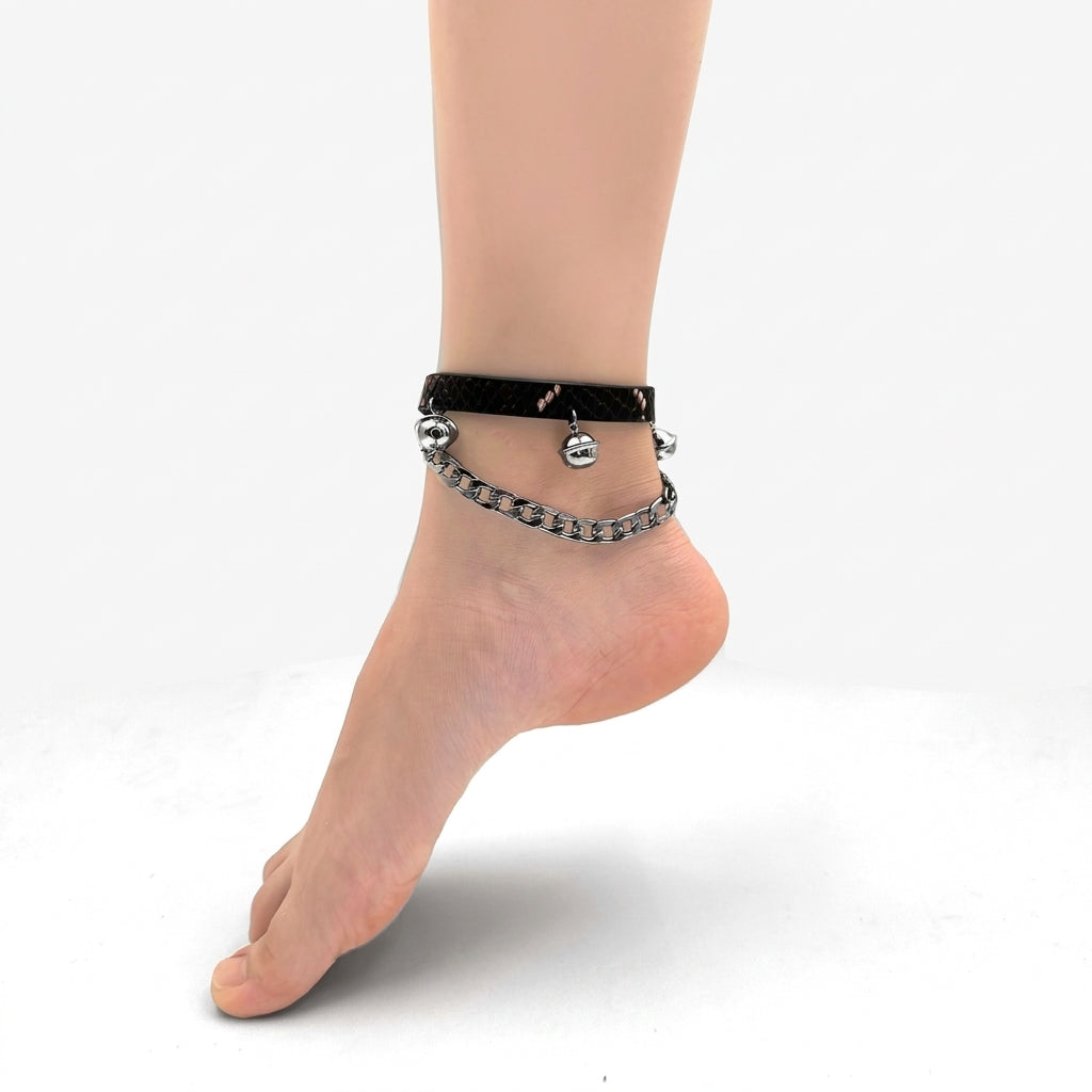 Every Step – Snakeskin Leather Anklet with Sterling Silver Bells | Hushcrafts®