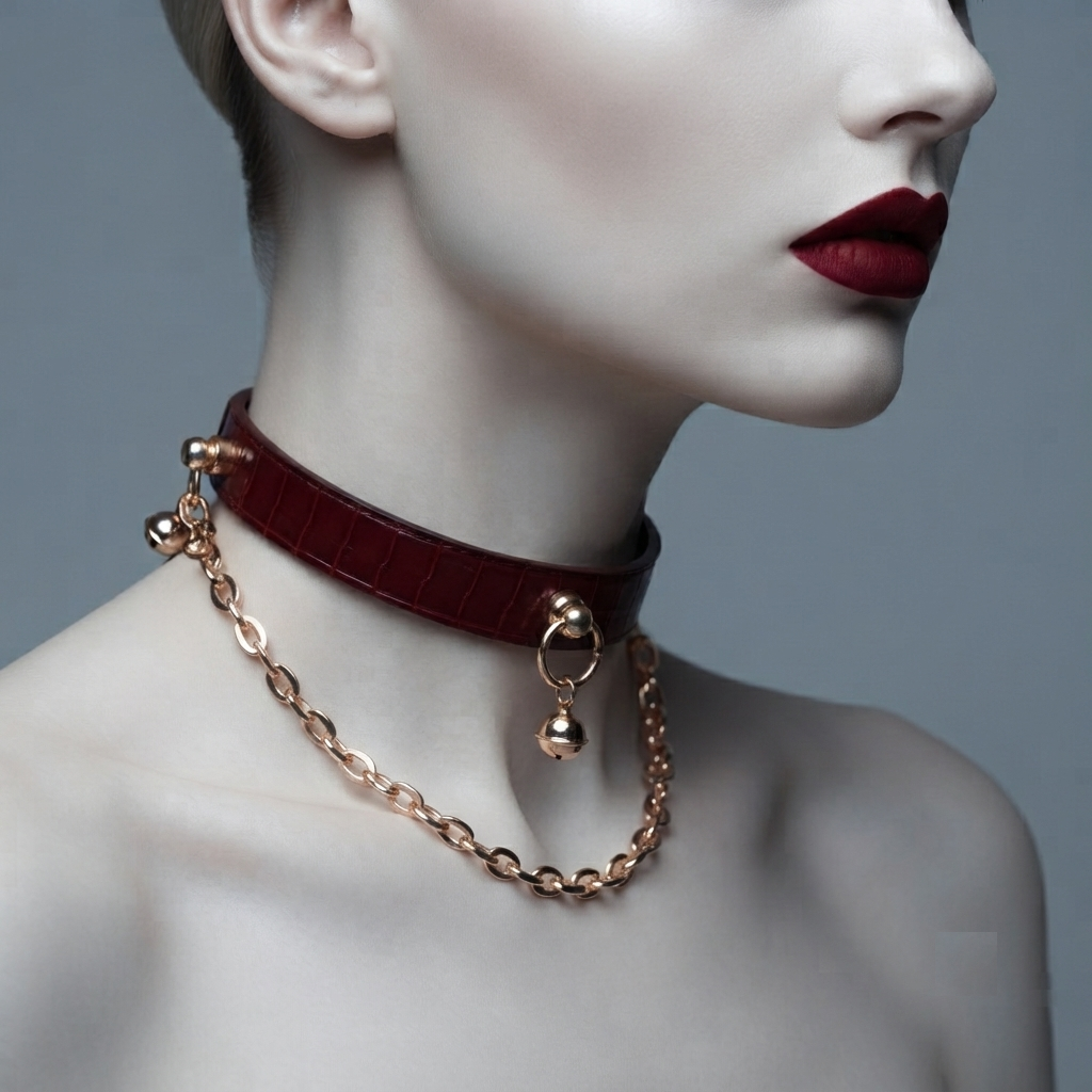 Gilded Surrender – Snakeskin Leather Choker with Chain & Bell | Hushcrafts®