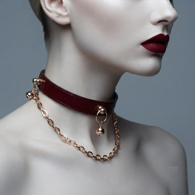 Gilded Surrender – Snakeskin Leather Choker with Chain & Bell | Hushcrafts® Hover Image