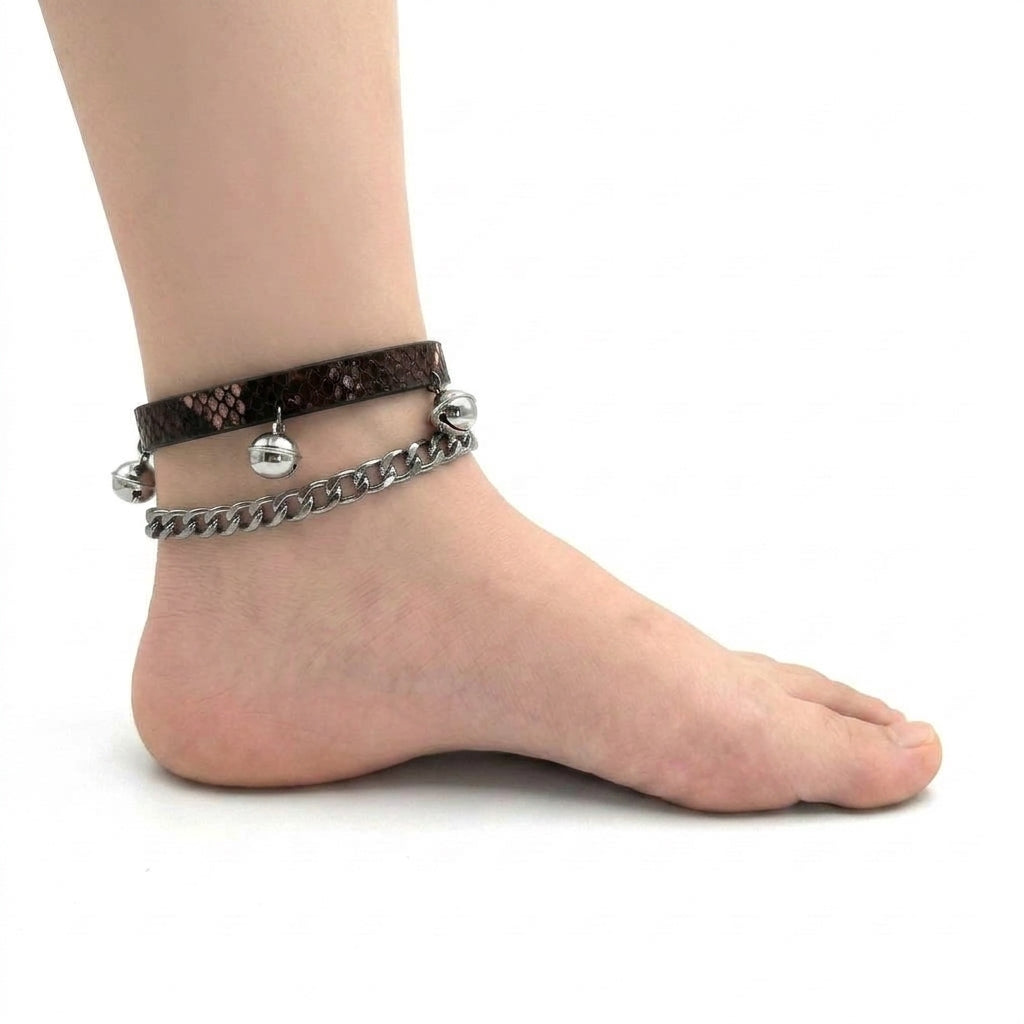 Every Step – Snakeskin Leather Anklet with Sterling Silver Bells | Hushcrafts®