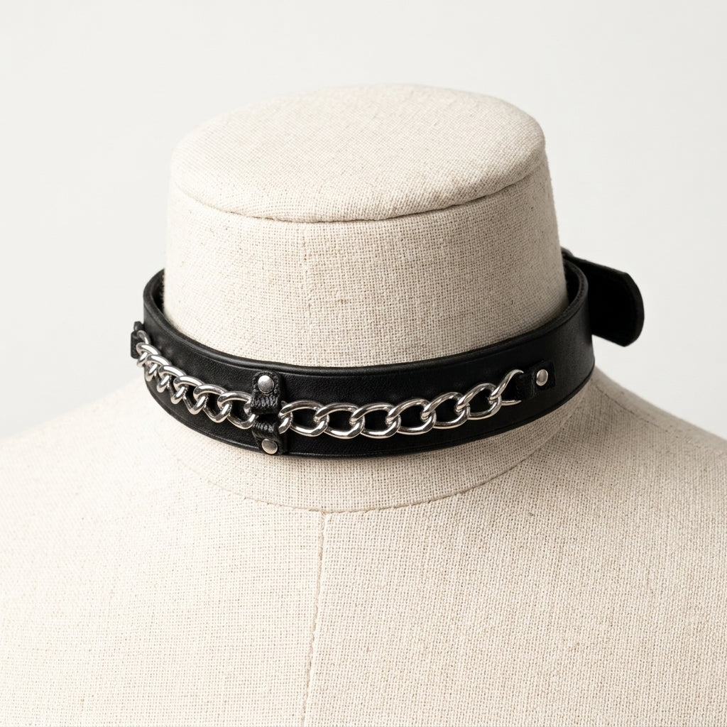 Chainline – Wide Leather Choker with Embedded Silver Chain | Hushcrafts®