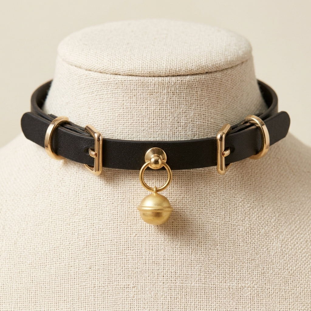 Ring My Bell – Minimalist Leather Choker with Gold Bell | Hushcrafts®