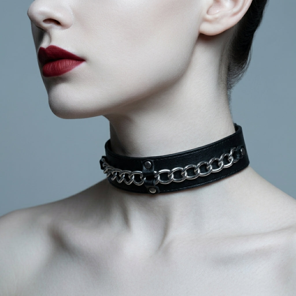 Chainline – Wide Leather Choker with Embedded Silver Chain | Hushcrafts®