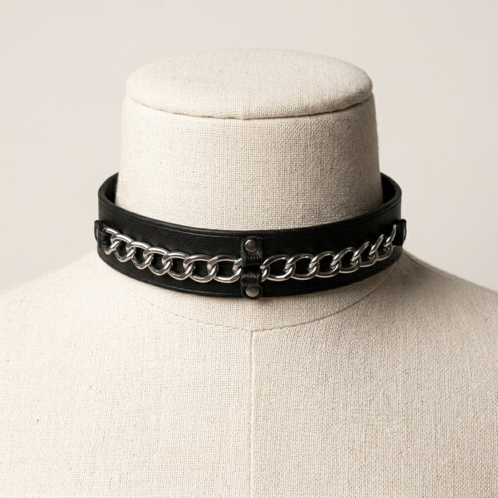 Chainline – Wide Leather Choker with Embedded Silver Chain | Hushcrafts®