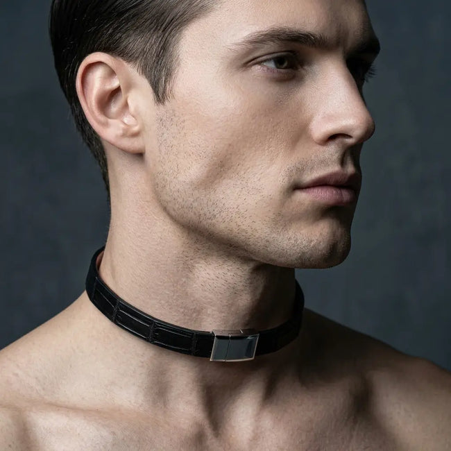 The Part I Hide – Black Crocodile Leather Choker | Hushcrafts® Hover Image
