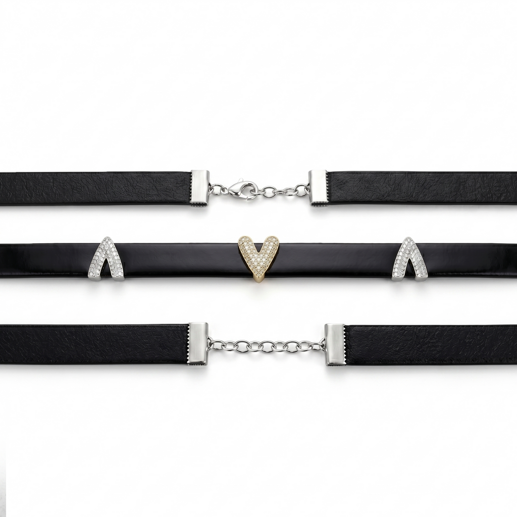 Black chokers with heart-shaped pendants on a white background