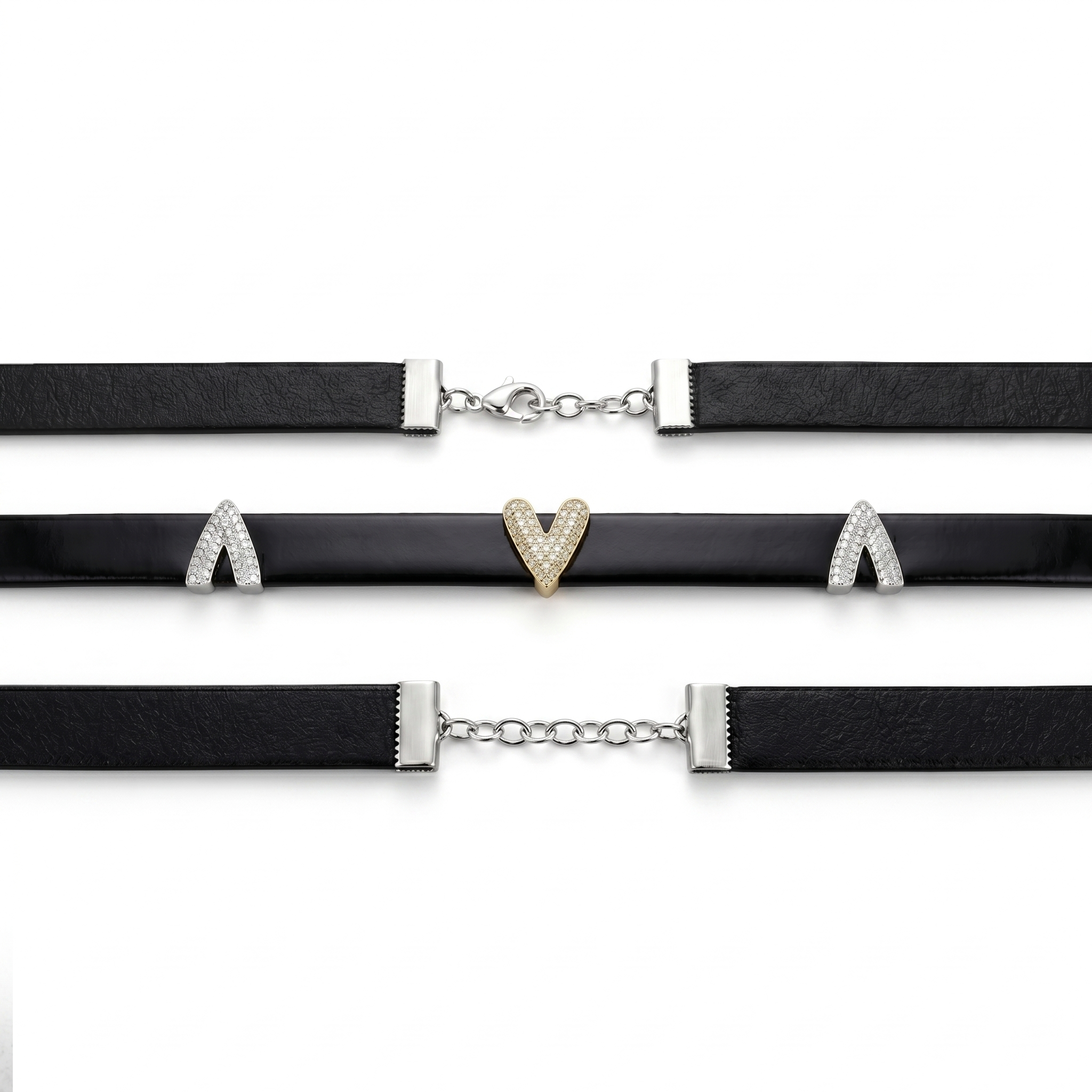 Black chokers with heart-shaped pendants on a white background