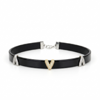 Black choker necklace with gold 'V' pendant on a white background