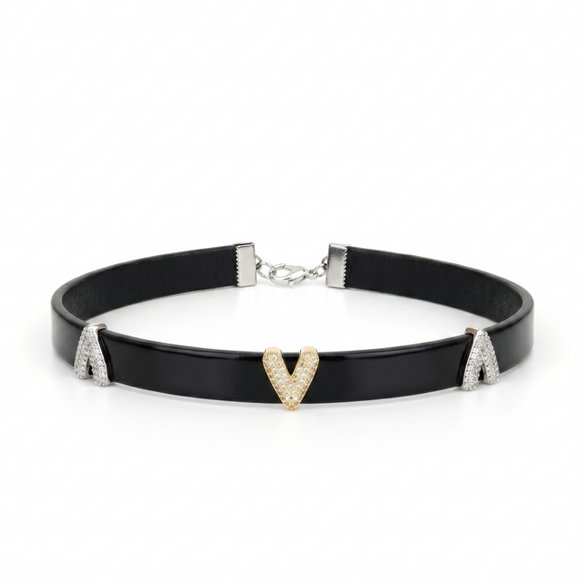 Black choker necklace with gold 'V' pendant on a white background Hover Image
