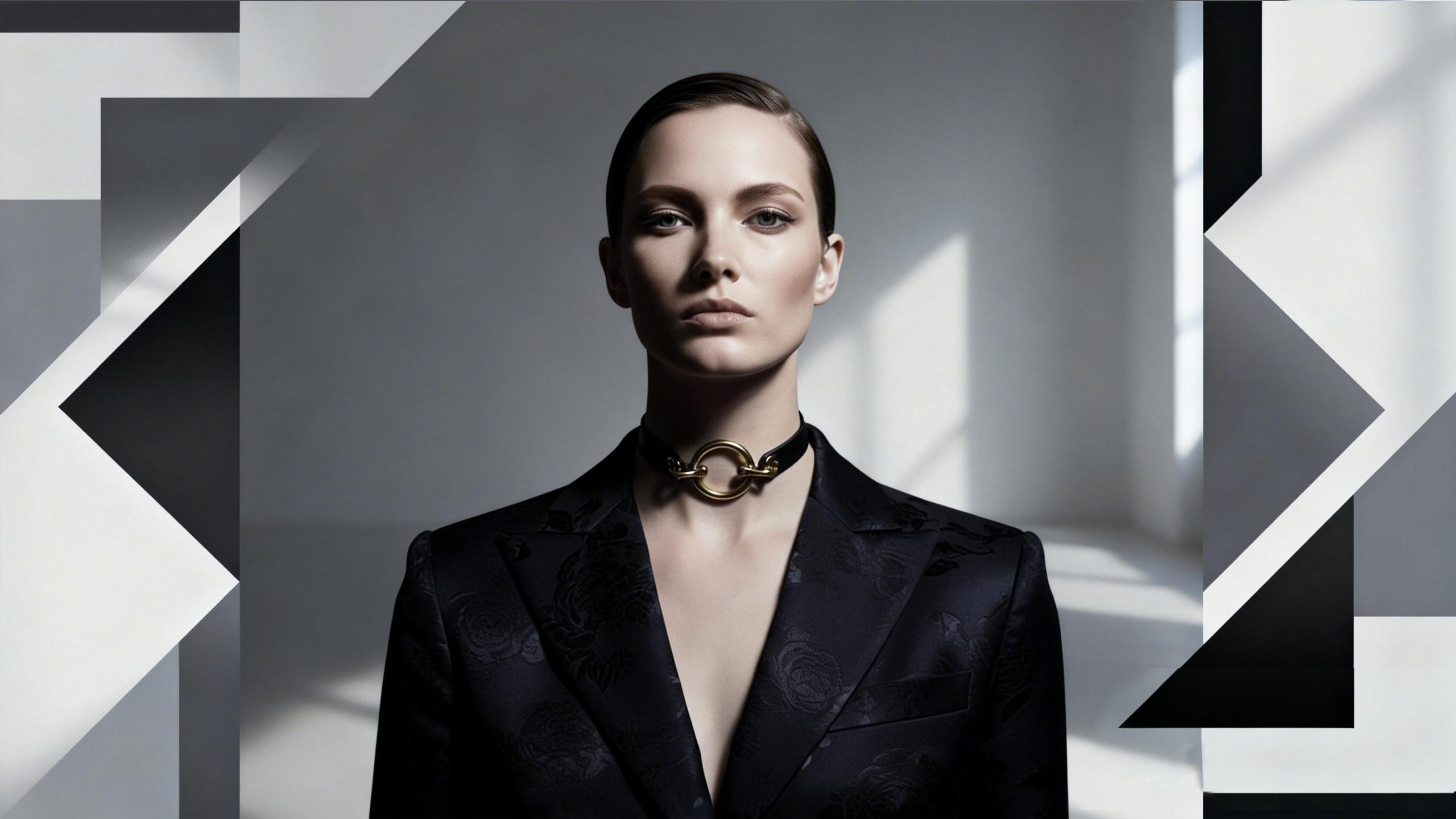 Woman wearing a black outfit with a gold leather choker against a geometric background