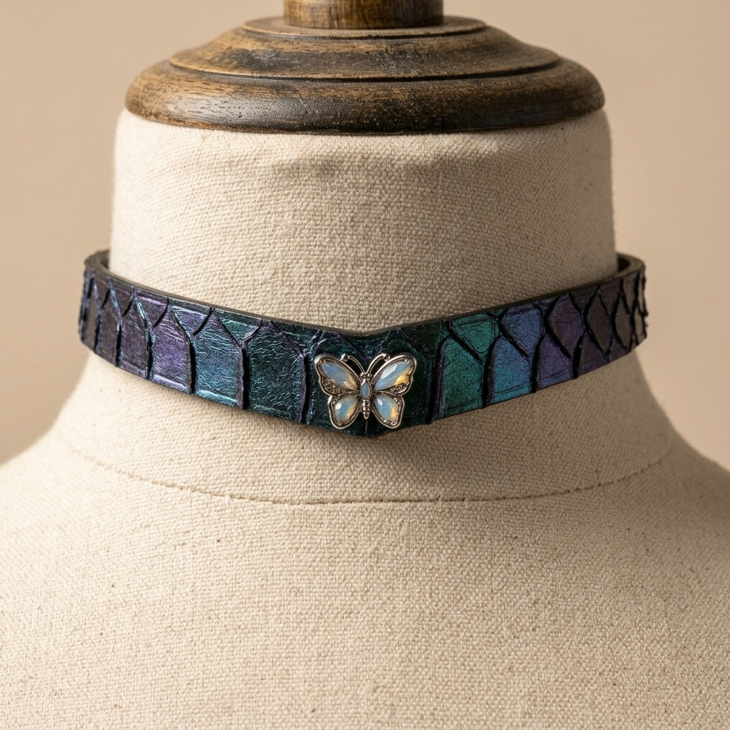 A close-up of a choker necklace displayed on a beige fabric mannequin bust. The necklace has a textured, scale-like pattern in iridescent shades of teal, blue, and purple, with a central butterfly charm featuring iridescent white wings.