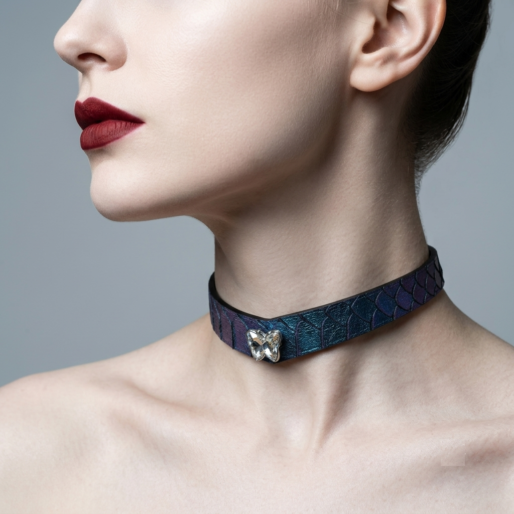 A close-up of a model's neck and lower face wearing a dark textured choker with a silver butterfly-shaped crystal centerpiece, against a soft gray background.