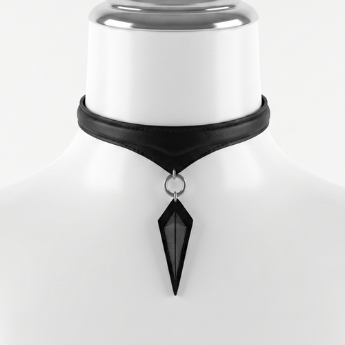 Black choker necklace with a large pendant on a white background