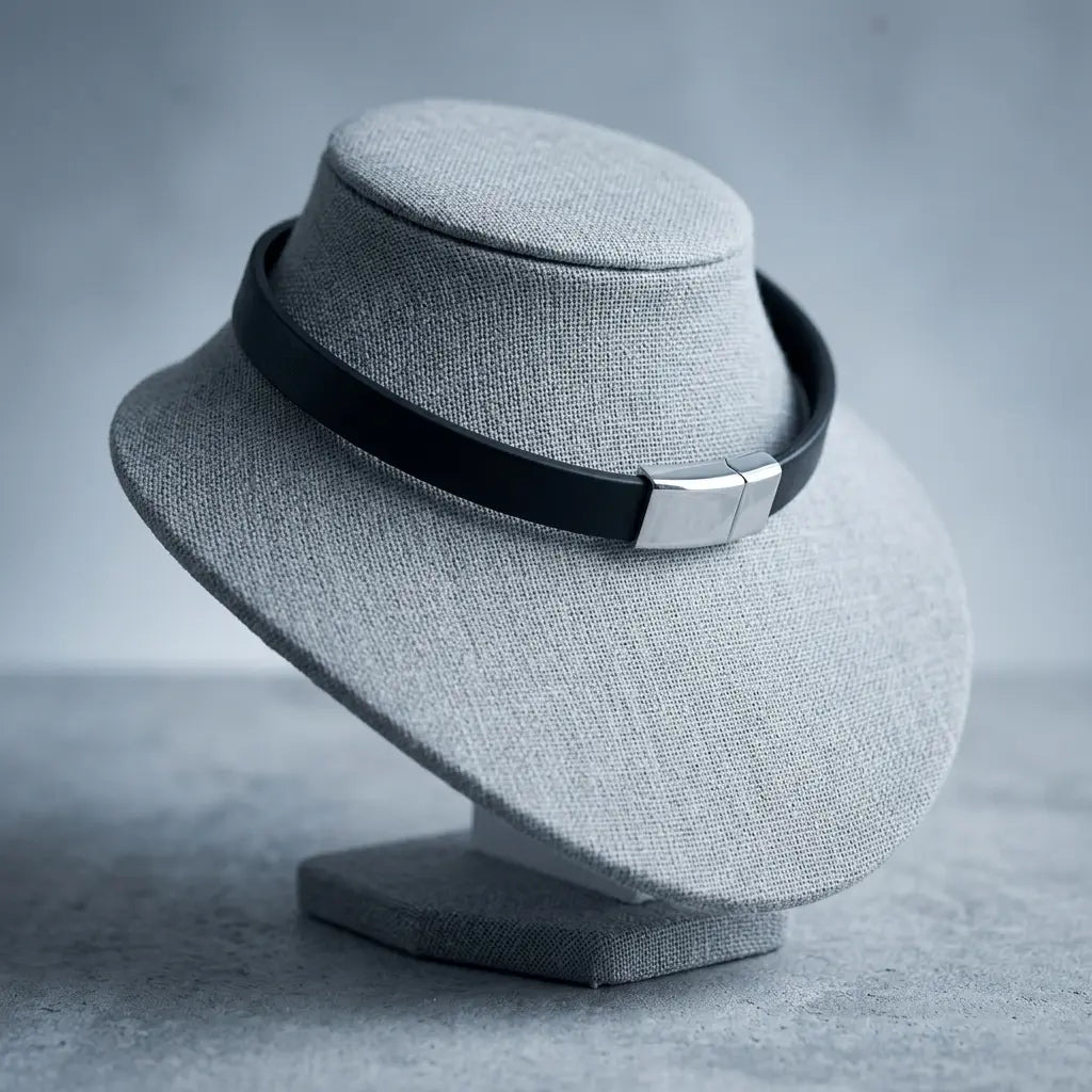 A black leather band with a silver metal clasp, displayed on a gray fabric jewelry bust against a gray background.