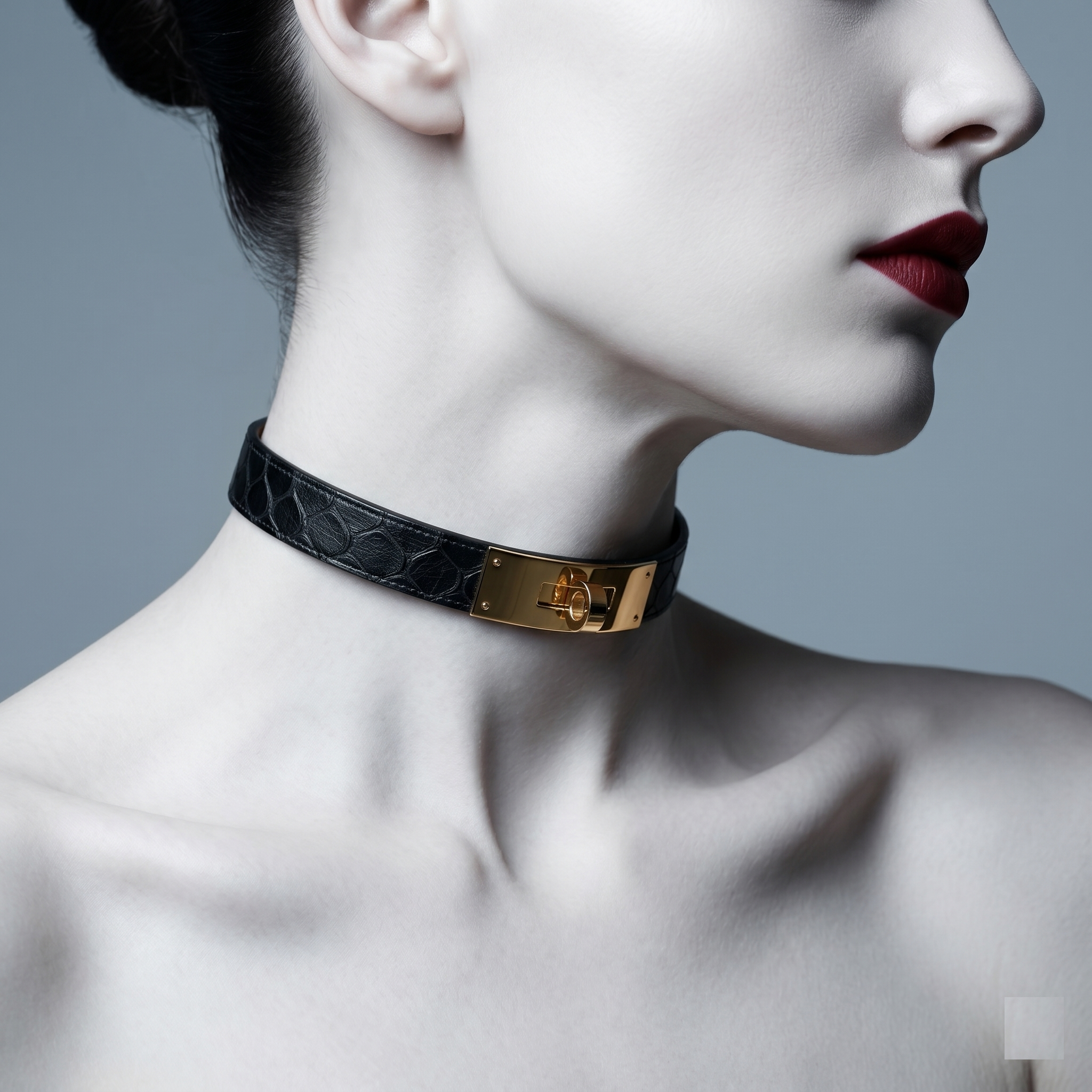 Black leather choker with gold clasp on a mannequin against a gray background