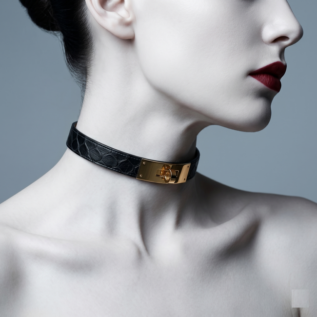 Black leather choker with gold clasp on a mannequin against a gray background Hover Image