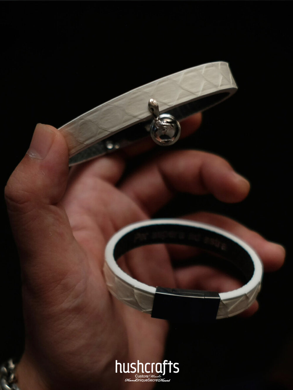 White snakeskin Leather choker with bell & owner's ring-2