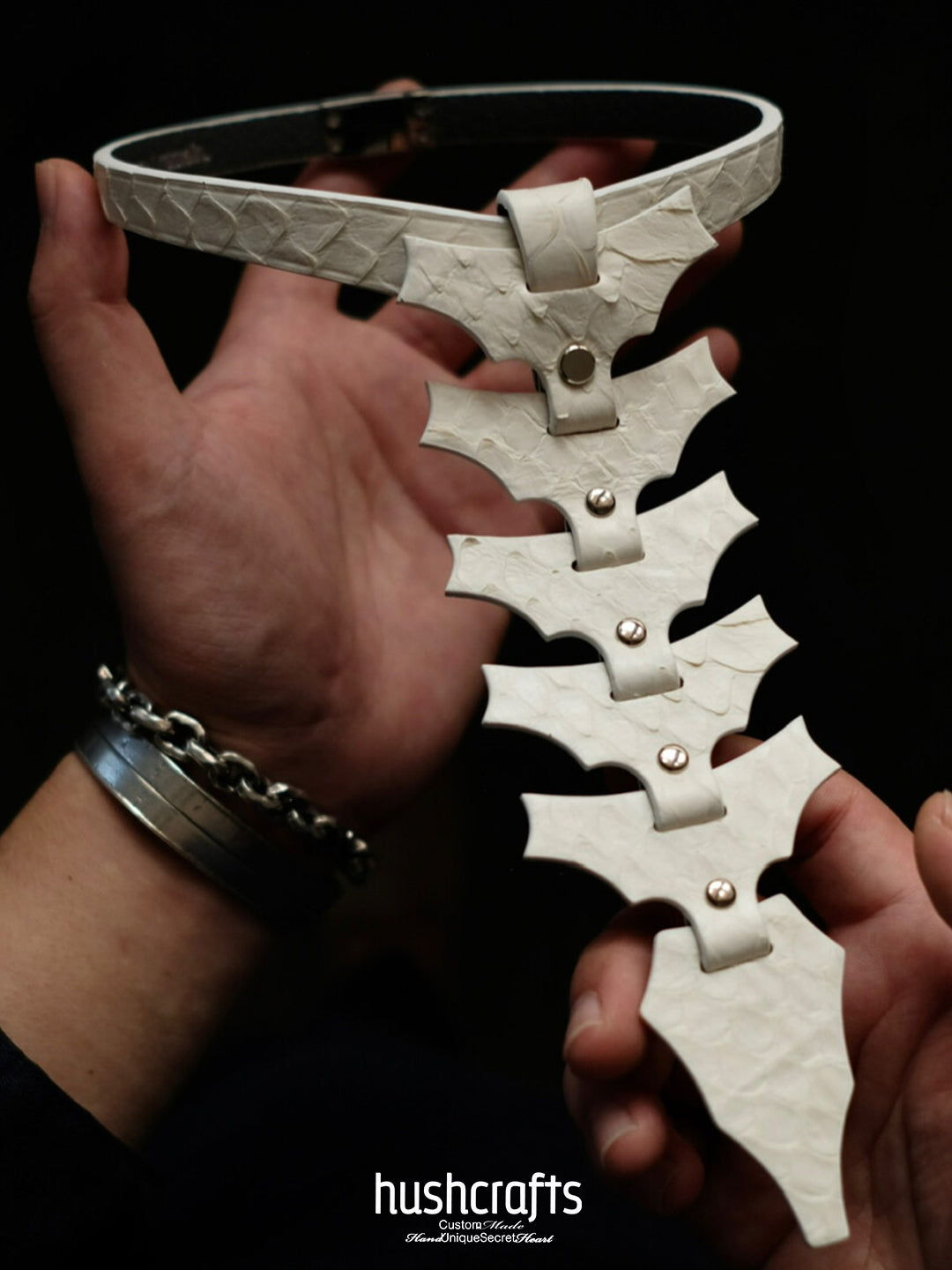 White snakeskin leather choker with spinal design