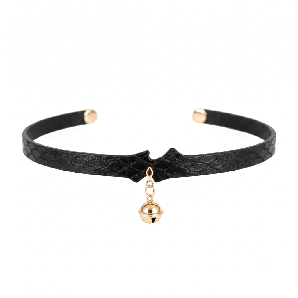 Bells of Dawn Choker – Snakeskin Leather with Gold Leaf Accents & Bell Charm | Hushcrafts® - Hushcrafts LLC