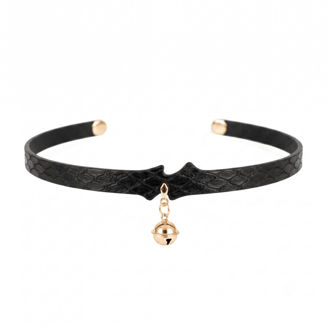 Bells of Dawn Choker – Snakeskin Leather with Gold Leaf Accents & Bell Charm | Hushcrafts® Main Image