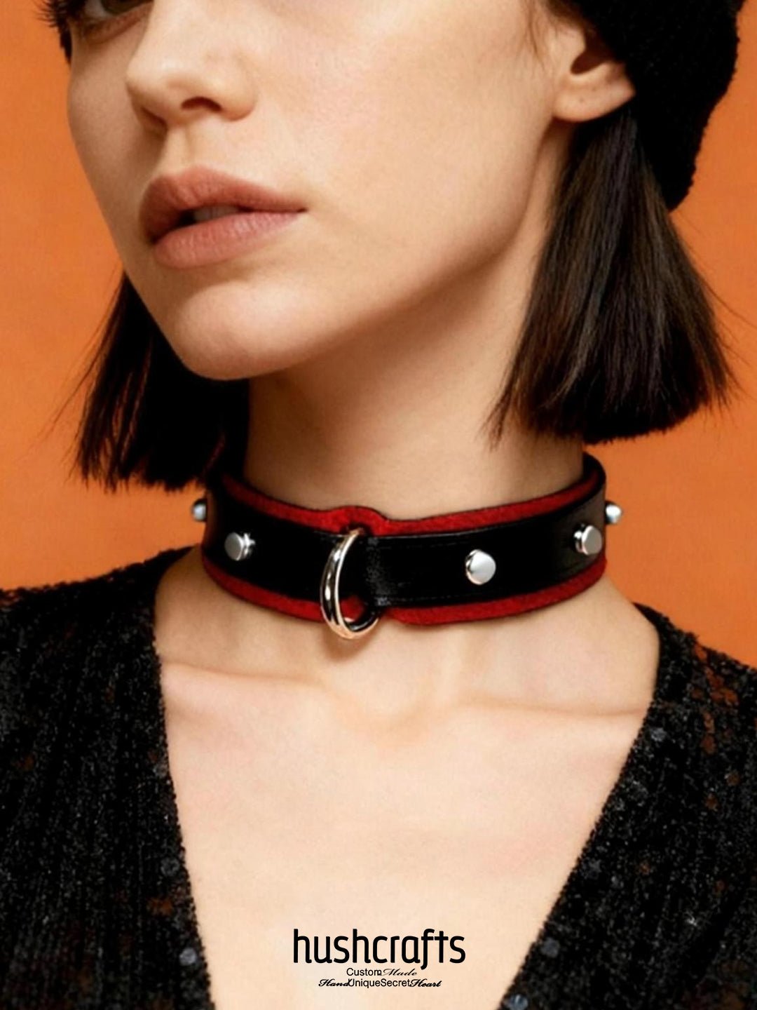 Black & Burgundy Leather Choker with Owner's Ring - hushcrafts