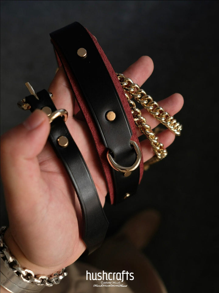 Black & Burgundy Leather Choker with Owner's Ring - hushcrafts