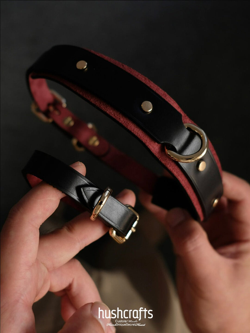 Black & Burgundy Leather Choker with Owner's Ring - hushcrafts