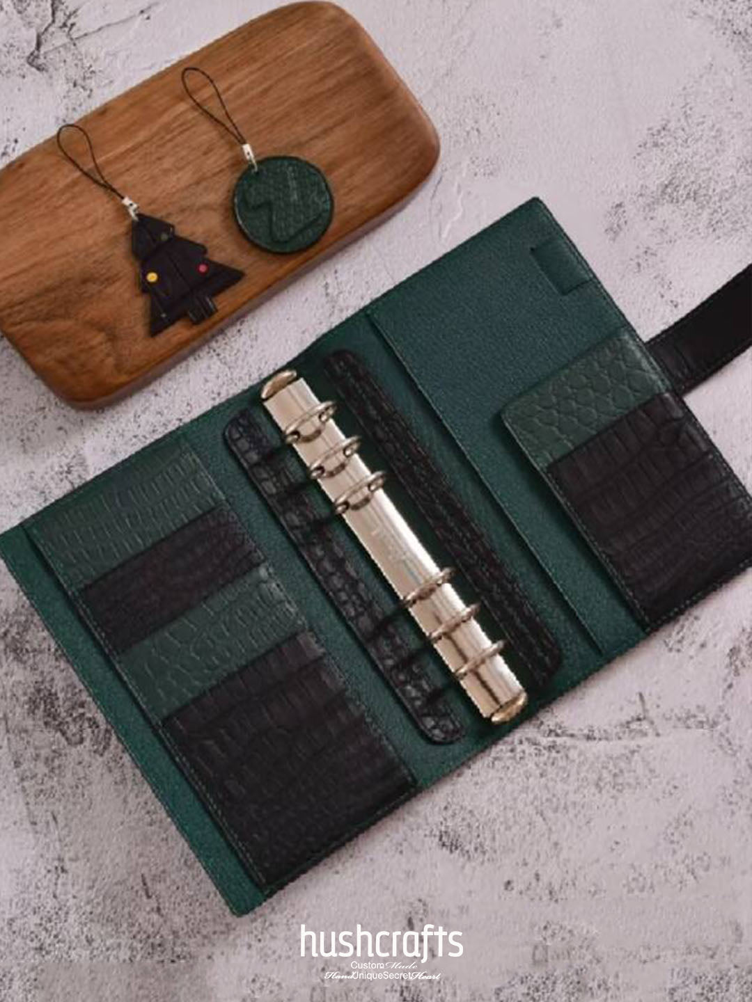 Black Crocodile Leather Planner with Clasp - hushcrafts