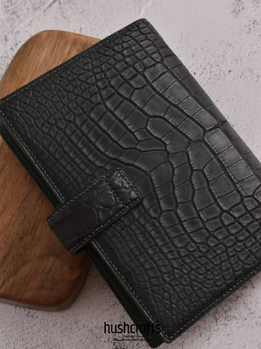Black Crocodile Leather Planner with Clasp - hushcrafts