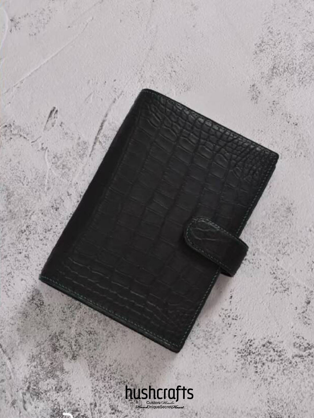 Black Crocodile Leather Planner with Clasp - hushcrafts