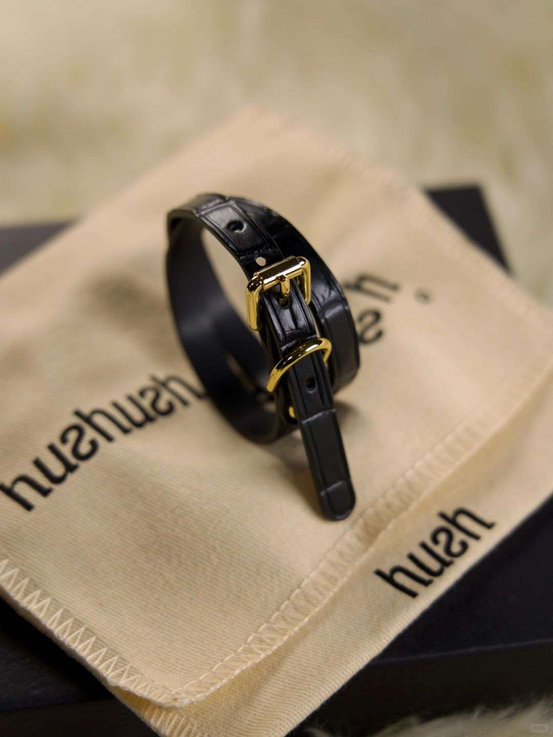 Black leather collar with gold hardware by HushCrafts, featuring a locking design ideal for submissive collar styles. A bold accessory for alternative fashion lovers, combining elegance with strength.