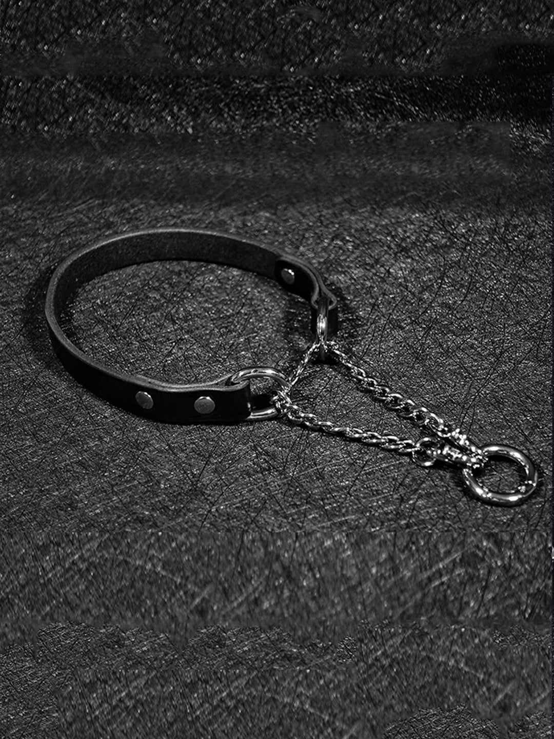 A black leather collar featuring an O-ring and dual silver chains, designed for a sleek and elegant bondage aesthetic, perfect for BDSM accessories.